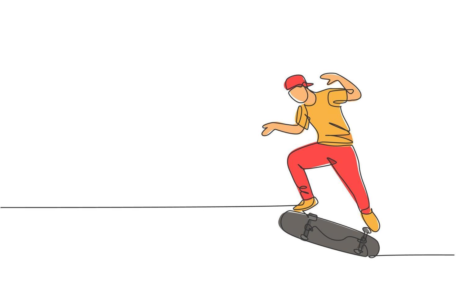 een enkele lijntekening van jonge skateboarder man oefening rijden skateboard in stad straat vectorillustratie. tiener levensstijl en extreme buitensport concept. modern ononderbroken lijntekeningontwerp vector