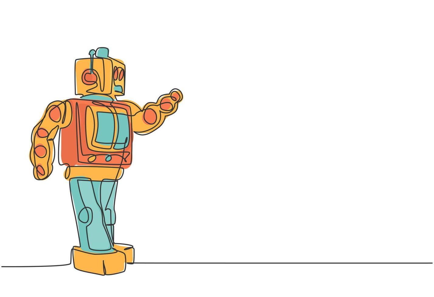 enkele doorlopende lijntekening van oude retro klassieke iconische robot uit de jaren 90. vintage technologie elektronisch speelgoed concept een lijn tekenen ontwerp vector grafische illustratie