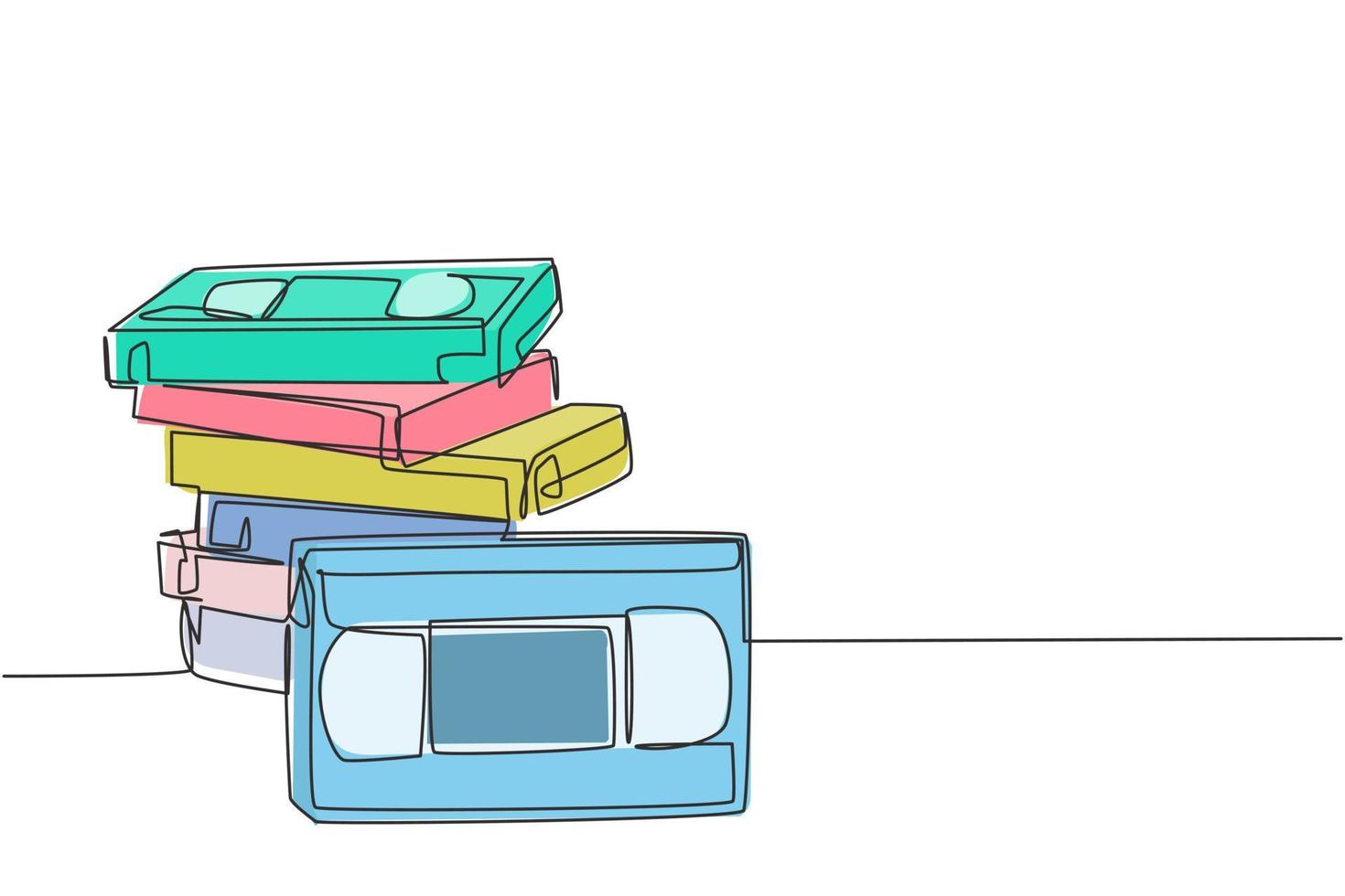 een enkele lijntekening stapel retro oude klassieke vhs analoge videocassette. vintage film opslag tape item concept doorlopende lijn grafisch tekenen ontwerp vectorillustratie vector