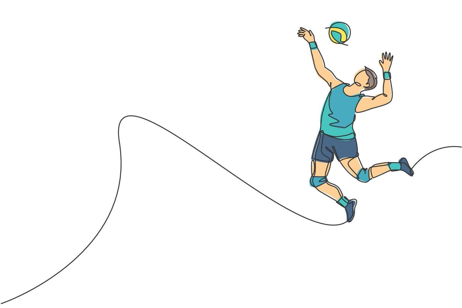 single doorlopend lijn tekening van mannetje jong volleybal atleet speler in actie jumping piek Aan rechtbank. team sport concept. wedstrijd spel. modieus een lijn trek ontwerp grafisch vector illustratie