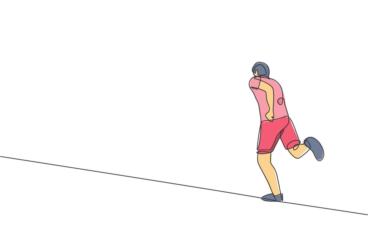 een doorlopend lijn tekening van jong sportief loper Mens kom tot rust rennen Bij platteland. gezond levensstijl en pret jogging sport concept. dynamisch single lijn trek ontwerp vector illustratie grafisch