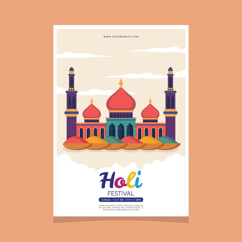 een poster voor holi festival met een kleurrijk gebouw in de achtergrond. vector