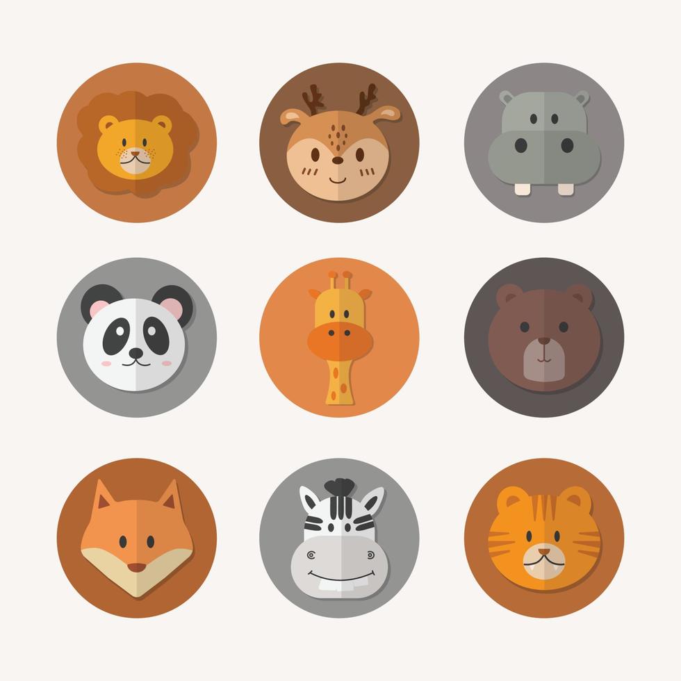 reeks van dier cirkel gezicht. schattig gemakkelijk dier icoon in cirkel elk kleur. leeuw, hert, nijlpaard, panda, giraffe, beer, vos, zebra en tijger. vector