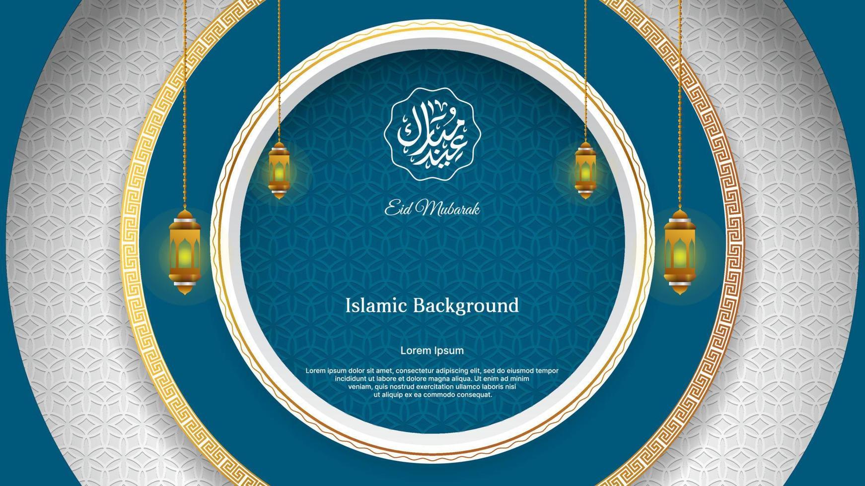 Islamitisch achtergrond ontwerp met circulaire concept voor eid mubarak en Ramadan kareem. Islamitisch vector ontwerp in wit, goud en blauw kleur.