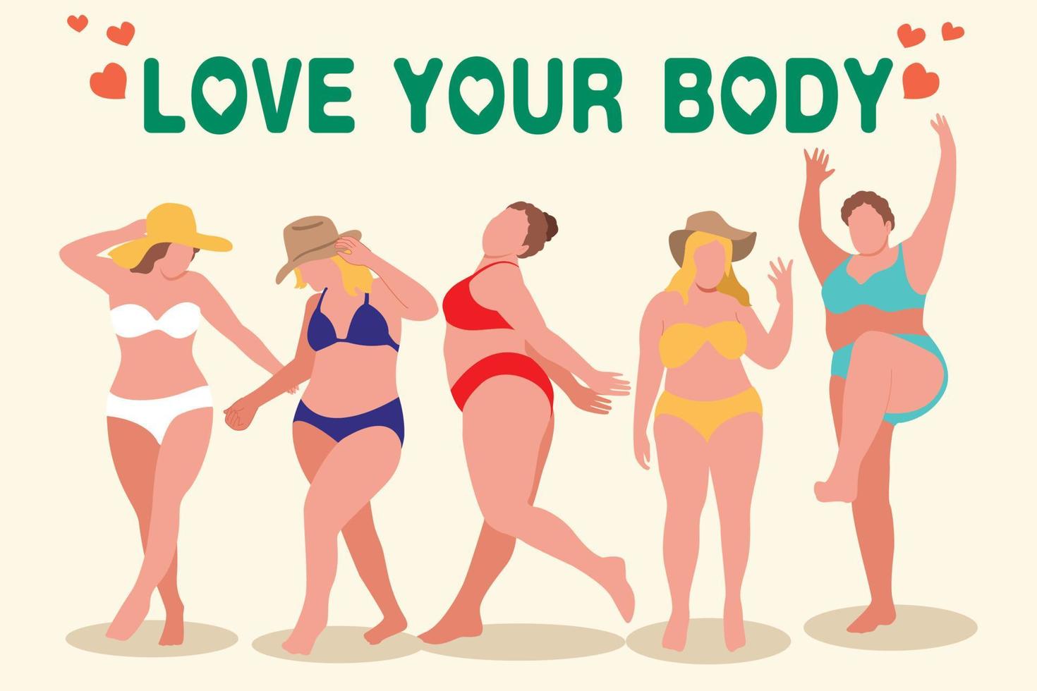 ik liefde mijn lichaam. lichaam positief, plus grootte meisje, te zwaar vrouw uitrekken. voor dik aanvaarding beweging, golvend meisje in badmode, het baden pakken. vector illustratie.