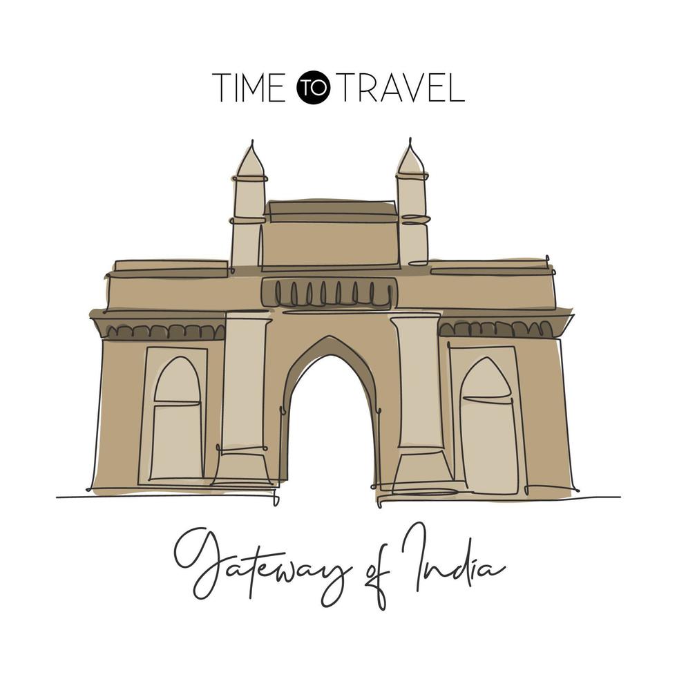 een doorlopende lijntekening gateway van india landmark. monument in Mumbai India. vakantie tour en reizen naar huis muur decor art poster print concept. moderne enkele lijn tekenen ontwerp vectorillustratie vector