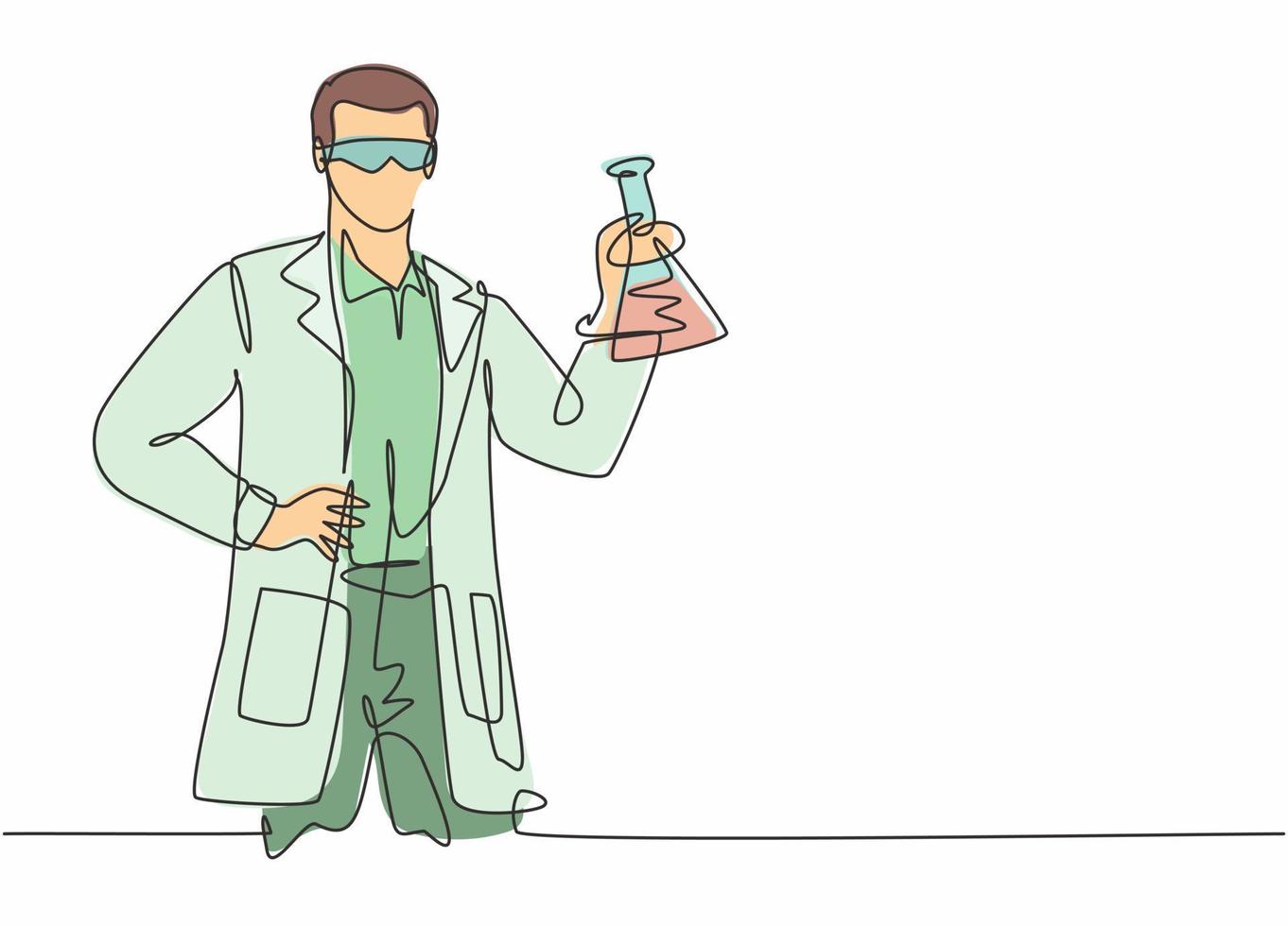 enkele doorlopende lijntekening van jonge mannelijke wetenschapper die aan laboratorium werkt om griepvaccin te vinden. professioneel werk baan beroep. minimalisme concept een lijn tekenen grafisch ontwerp vectorillustratie vector