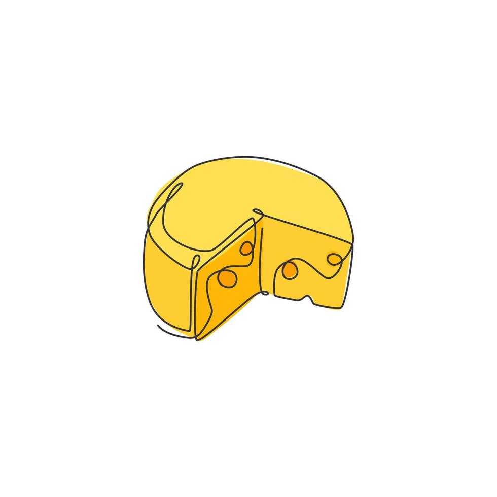 een enkele lijntekening van vers gesneden ronde Franse kaas logo vector grafische afbeelding. supermarkt en banketbakker badge concept. modern doorlopende lijntekening ontwerp straatvoedsel logotype