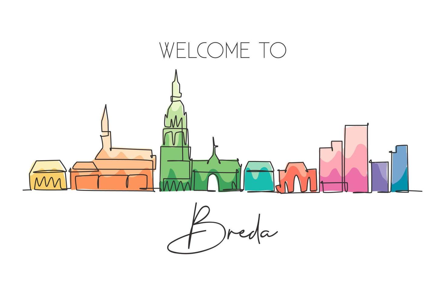 enkele doorlopende lijntekening van de skyline van de stad breda, nederland. beroemde briefkaart van het wolkenkrabberlandschap. wereld reizen muur decor poster print concept. moderne één lijn tekenen ontwerp vectorillustratie vector