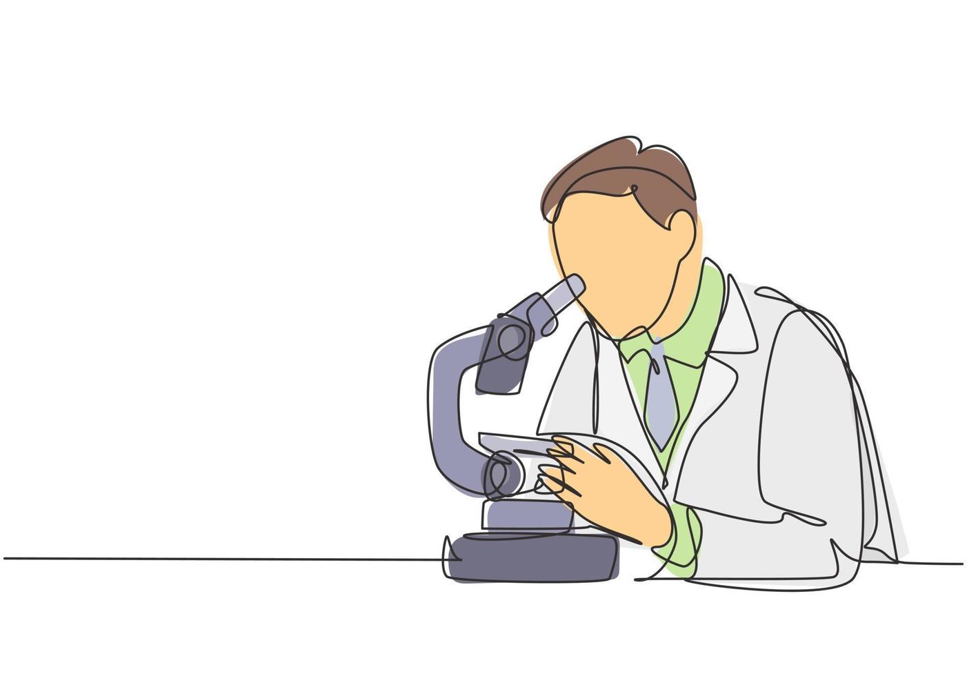 een doorlopende lijntekening van een jonge mannelijke wetenschapper analyseert het coronavirus dat de ziekte van covid-19 veroorzaakt met behulp van een laboratoriummicroscoop. coronavirus medisch onderzoek concept enkele lijn tekenen ontwerp illustratie vector