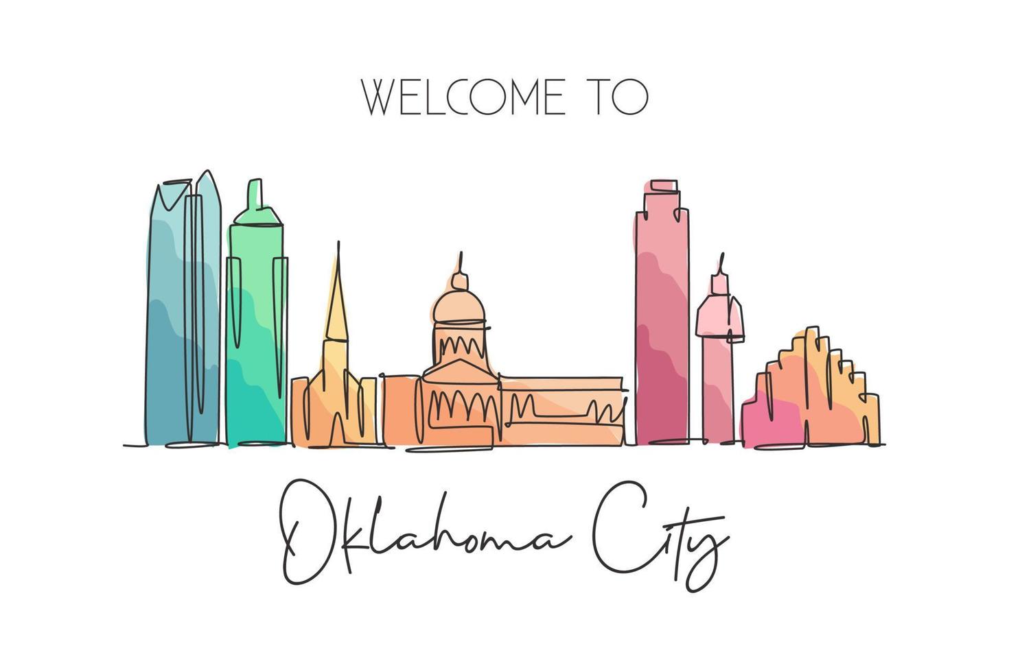 een doorlopende lijntekening de skyline van de stad van Oklahoma, Verenigde Staten. mooi oriëntatiepunt. wereld landschap toerisme reizen poster afdrukken. bewerkbare stijlvolle lijn enkele lijn tekenen ontwerp vectorillustratie vector