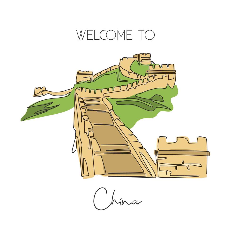 enkele doorlopende lijntekening grote muur van badaling landmark. schoonheid beroemde plaats in beijing, china. wereld wand decor thuis art poster print reizen concept. één lijn tekenen ontwerp vectorillustratie vector