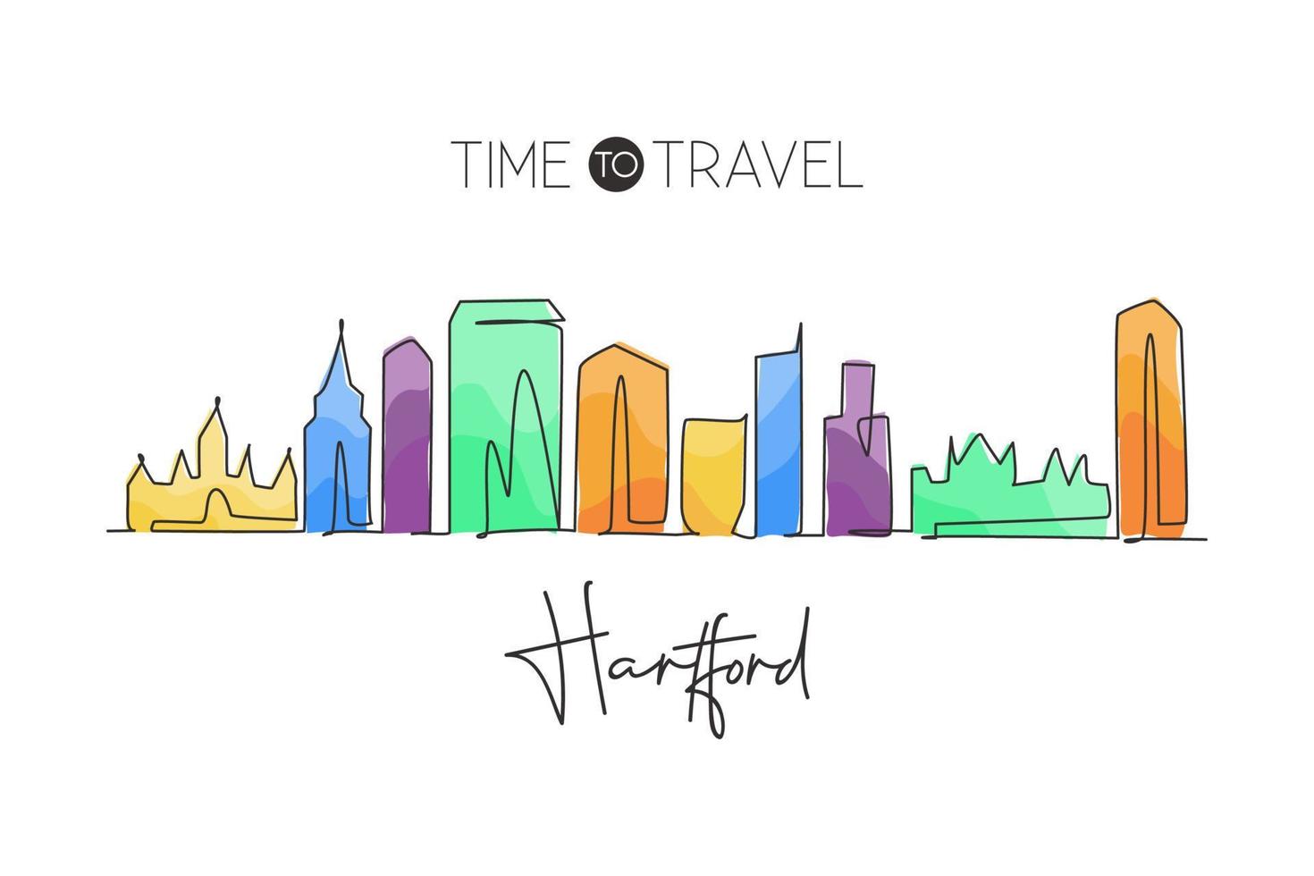 een doorlopende lijntekening van de skyline van de stad Hartford, Connecticut. mooi oriëntatiepunt. wereld landschap toerisme reizen huis muur decor poster print. stijlvolle enkele lijn tekenen ontwerp vectorillustratie vector