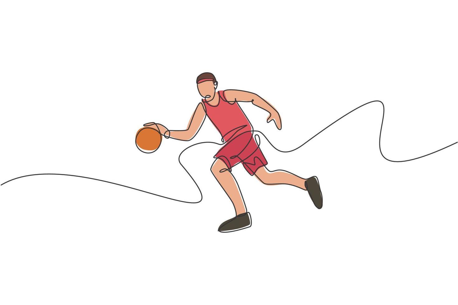 enkele doorlopende lijntekening van jonge gezonde basketbalspeler die een bal dribbelt. competitief sportconcept. trendy één lijn tekenen ontwerp vectorillustratie voor basketbal toernooi promotie media vector