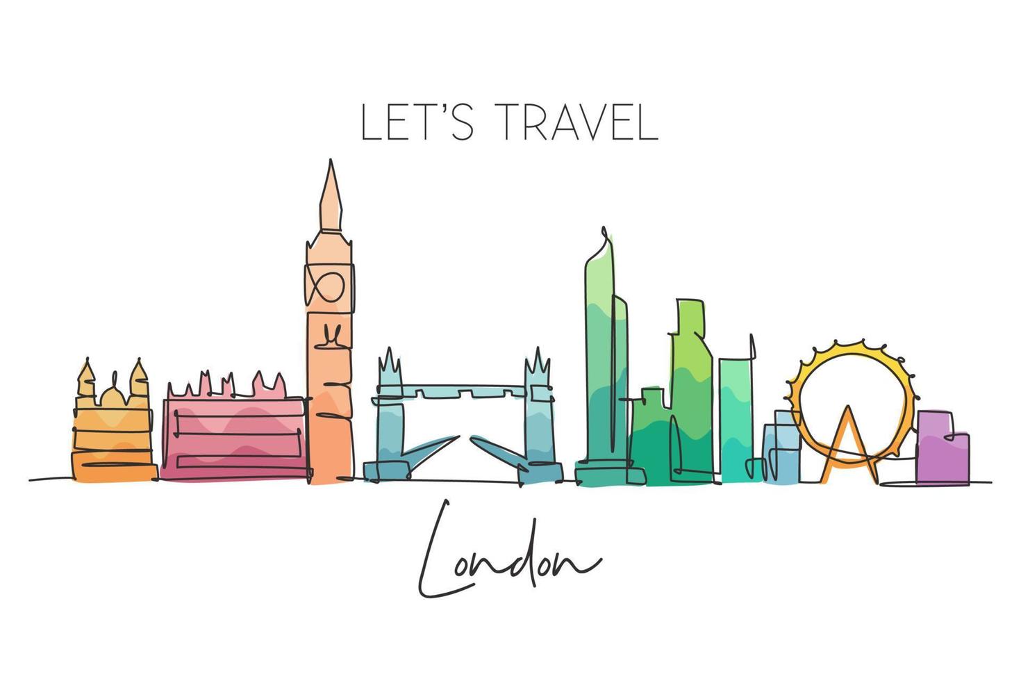 een doorlopende lijntekening van de skyline van Londen. prachtige stad wolkenkrabber. wereld landschap toerisme reizen vakantie huis muur decor poster print concept. enkele lijn tekenen ontwerp vectorillustratie vector