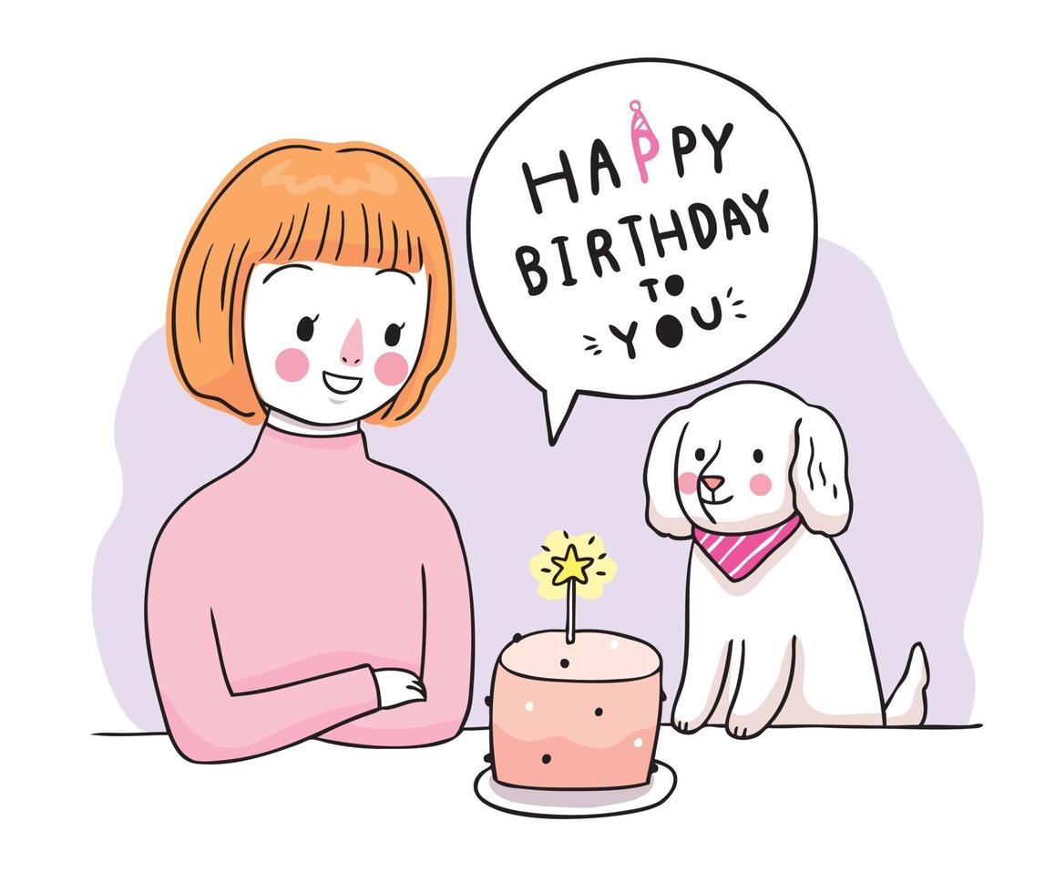 gelukkige verjaardag, vrouw en hond en zoete cake hand tekenen cartoon schattige vector. vector