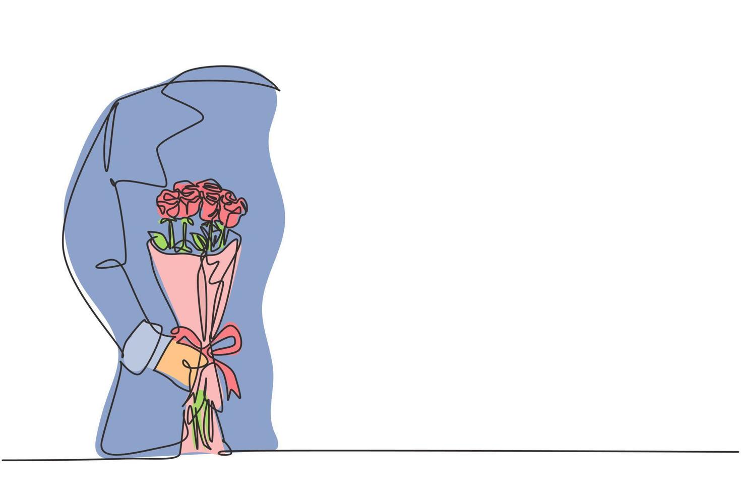 een enkele lijntekening van een jonge gelukkige man die een boeket van mooie roze bloemen verbergt als een geschenk op zijn rug. wenskaart, uitnodiging, poster concept doorlopende lijn tekenen ontwerp vectorillustratie vector