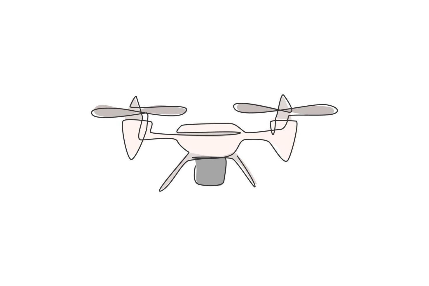 een enkele lijntekening van vliegend drone vliegtuig, onbemand vliegtuig vector grafische illustratie. moderne luchtgadget voor videografieconcept. modern ononderbroken lijntekeningontwerp