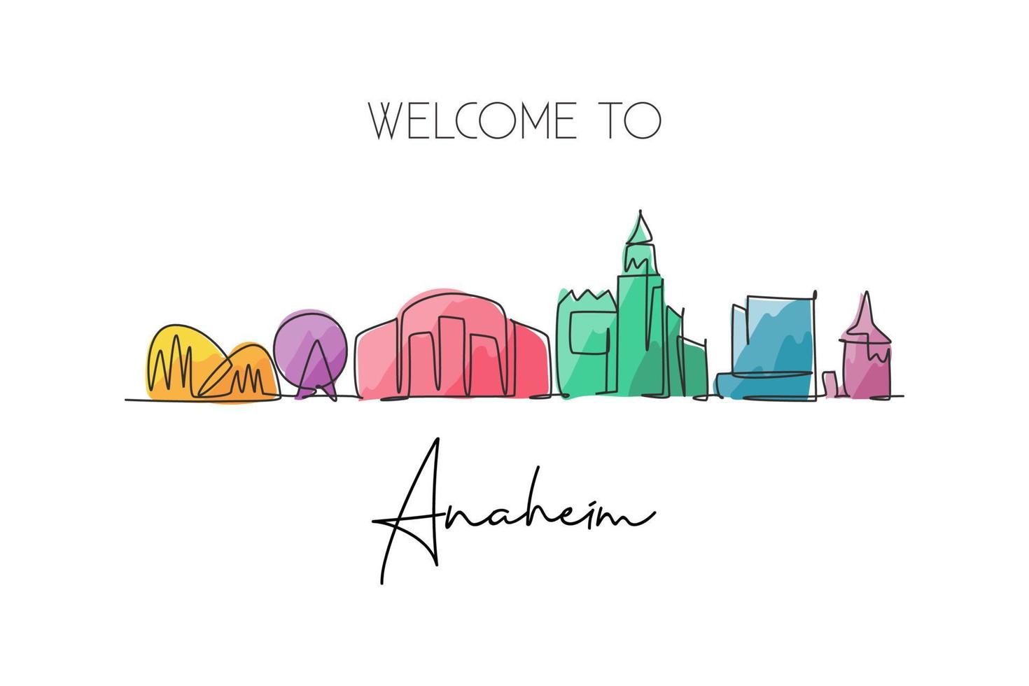 een doorlopende lijntekening van de skyline van de stad Anaheim, Californië. mooi oriëntatiepunt. wereld landschap toerisme reizen huis muur decor poster print. stijlvolle enkele lijn tekenen ontwerp vectorillustratie vector