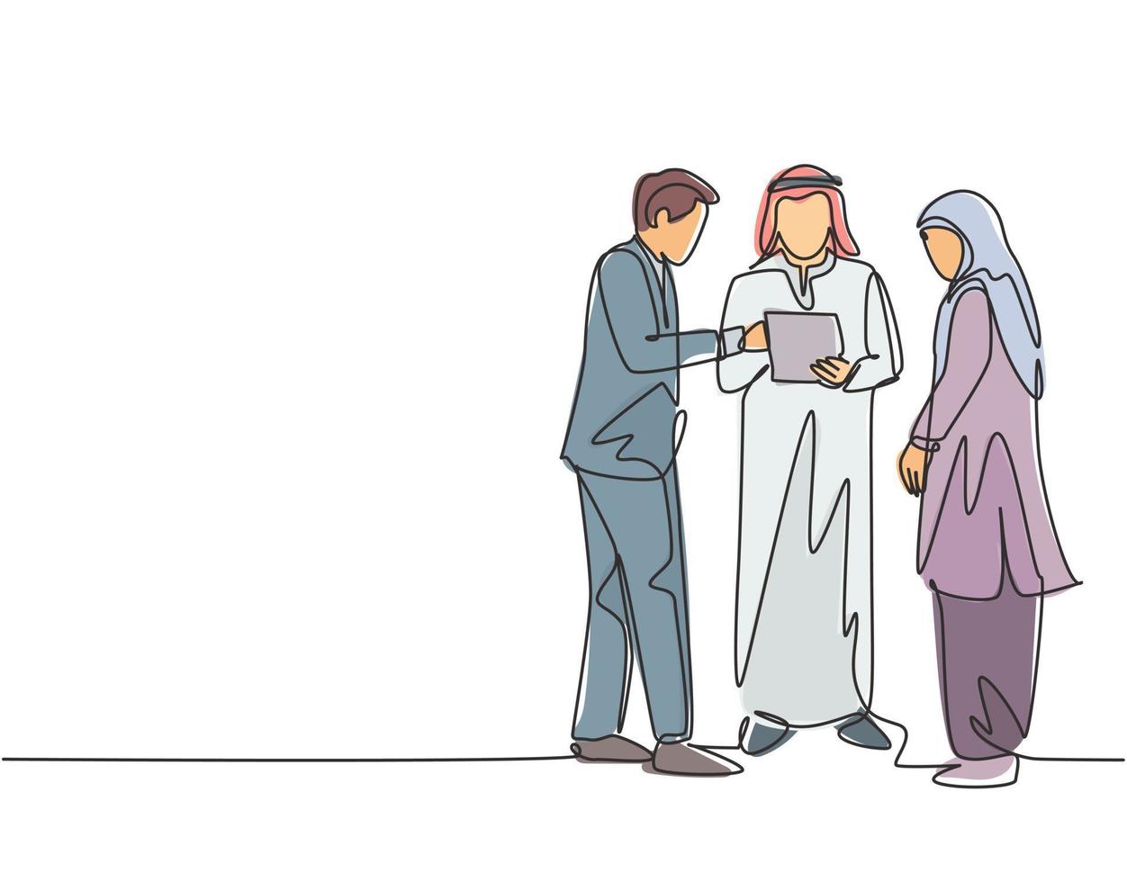 een enkele lijntekening van een jonge moslimzakenman die samen een zakelijke deal bespreekt. saoedi-arabische doek shmag, kandora, hoofddoek, thobe, hijab. doorlopende lijn tekenen ontwerp vectorillustratie vector