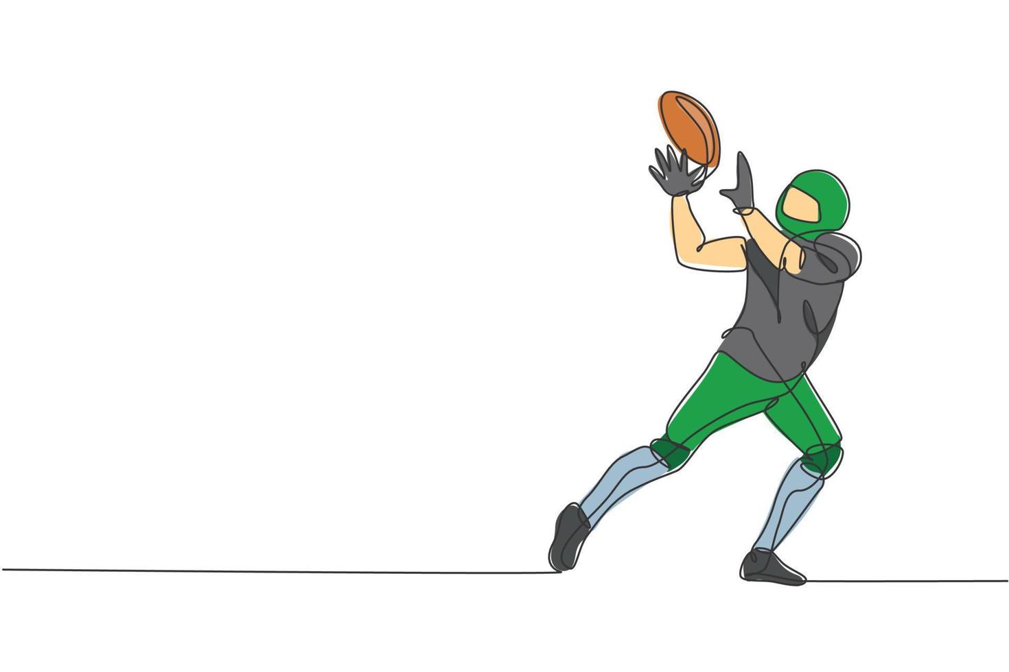 een doorlopende lijntekening jonge american football-speler vangt de bal van zijn teamgenoot voor competitie poster. sport teamwerk concept. dynamische enkele lijn tekenen ontwerp grafische vectorillustratie vector