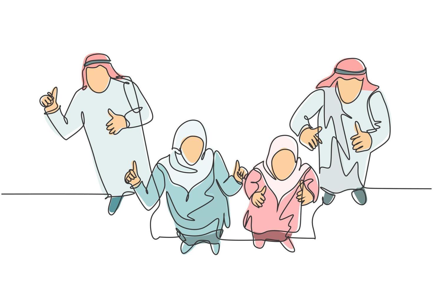 een doorlopende lijntekening van jonge moslimzakenman en zakenvrouw geven duim omhoog gebaar aan publiek. islamitische kleding kandura, sjaal, keffiyeh. enkele lijn tekenen ontwerp vectorillustratie vector