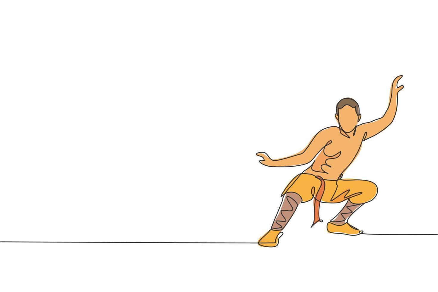 een doorlopende lijntekening van een jonge shaolin-monniksman die kungfu-stijl beoefent op de tempelgrond. traditioneel chinees strijdlustig sportconcept. dynamische enkele lijn tekenen ontwerp vector illustratie afbeelding