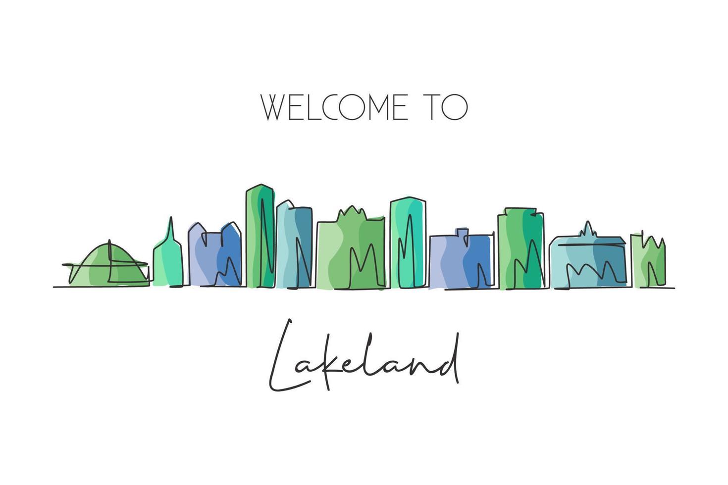 enkele doorlopende lijntekening van de skyline van Lakeland, florida. beroemde stad schraper landschap teken. wereld reizen huis muur decor art poster print concept. moderne één lijn tekenen ontwerp vectorillustratie vector