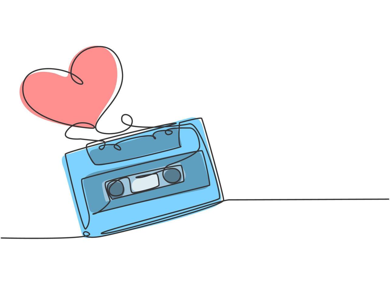 een doorlopende lijntekening van creatief retro en vintage cassettebandlint gevormd hartvormig. romantische muzikale bruiloft uitnodiging concept enkele lijn tekenen grafisch ontwerp vectorillustratie vector