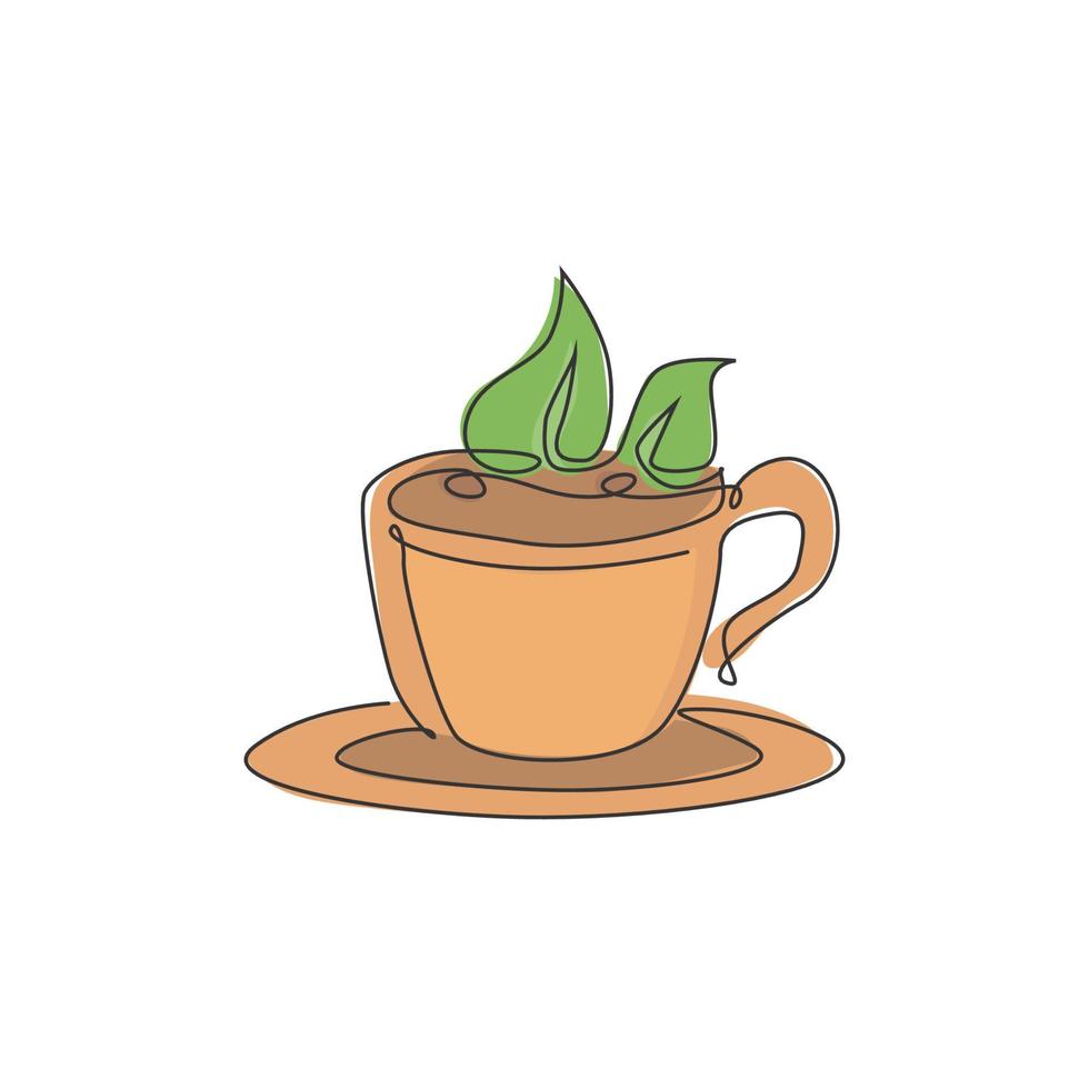 een doorlopende lijntekening van verse warme kop thee met groene natuurlijke theeblaadjes logo embleem. drank winkel en café logo sjabloon concept. moderne enkele lijn tekenen ontwerp vectorillustratie vector