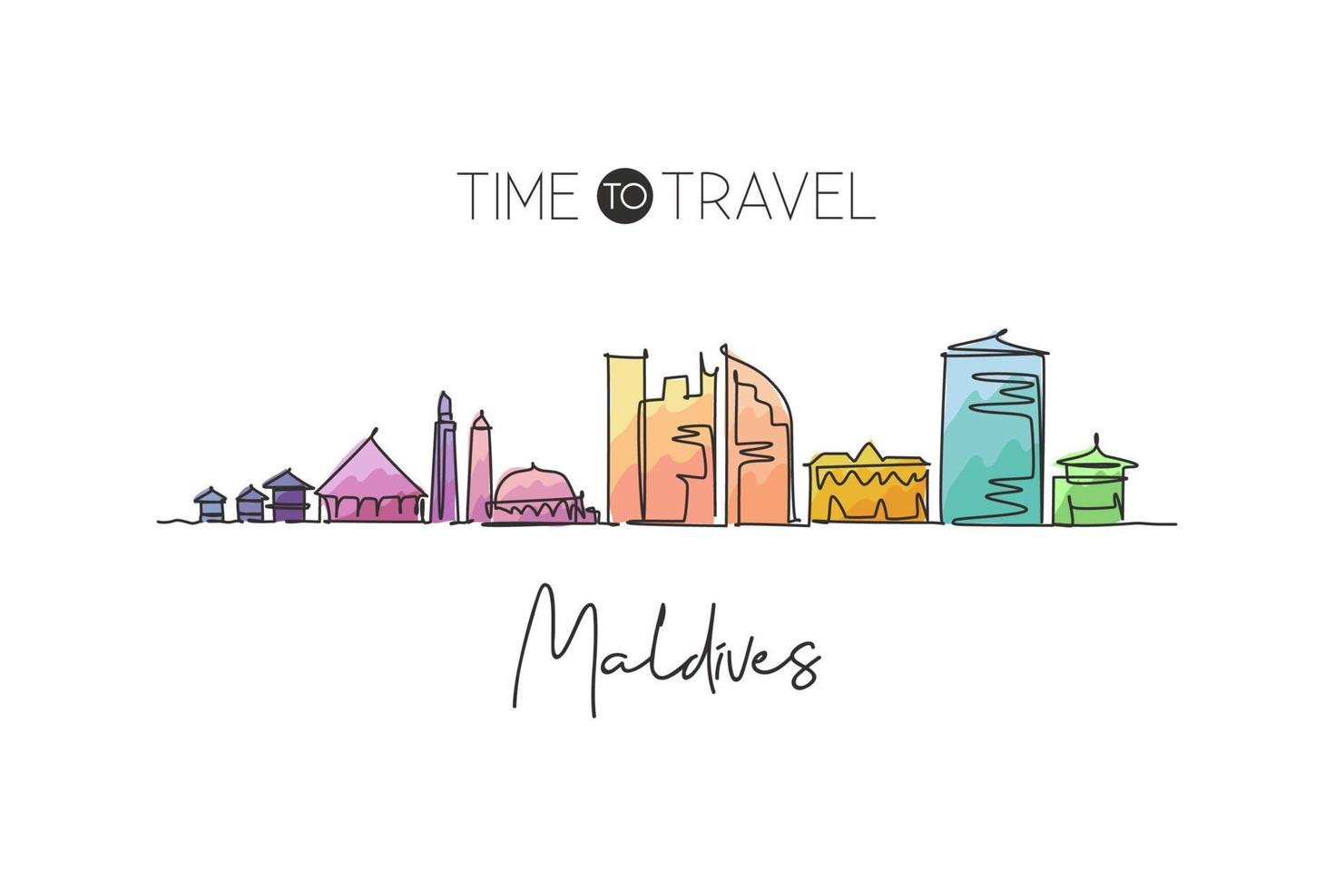 een enkele lijntekening van de skyline van de mannelijke stad, maldiven. wereld stad landschap huis muur decor poster print kunst. beste plaats vakantiebestemming. trendy doorlopende lijn tekenen ontwerp vectorillustratie vector