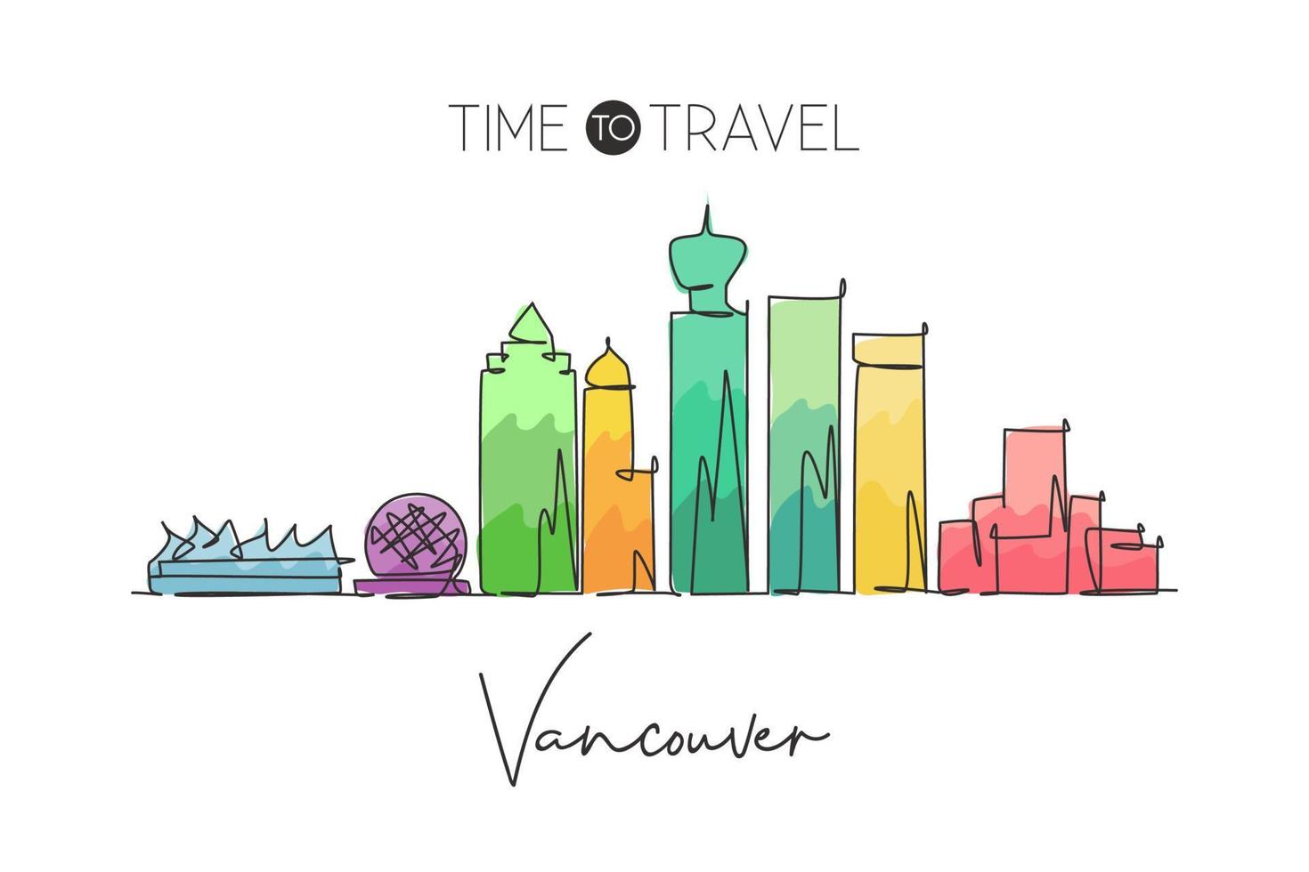 een enkele lijntekening van de skyline van de stad van Vancouver, Canada. wereld historische stad landschap home decor poster print. beste plaats vakantiebestemming. trendy doorlopende lijn tekenen ontwerp vectorillustratie vector