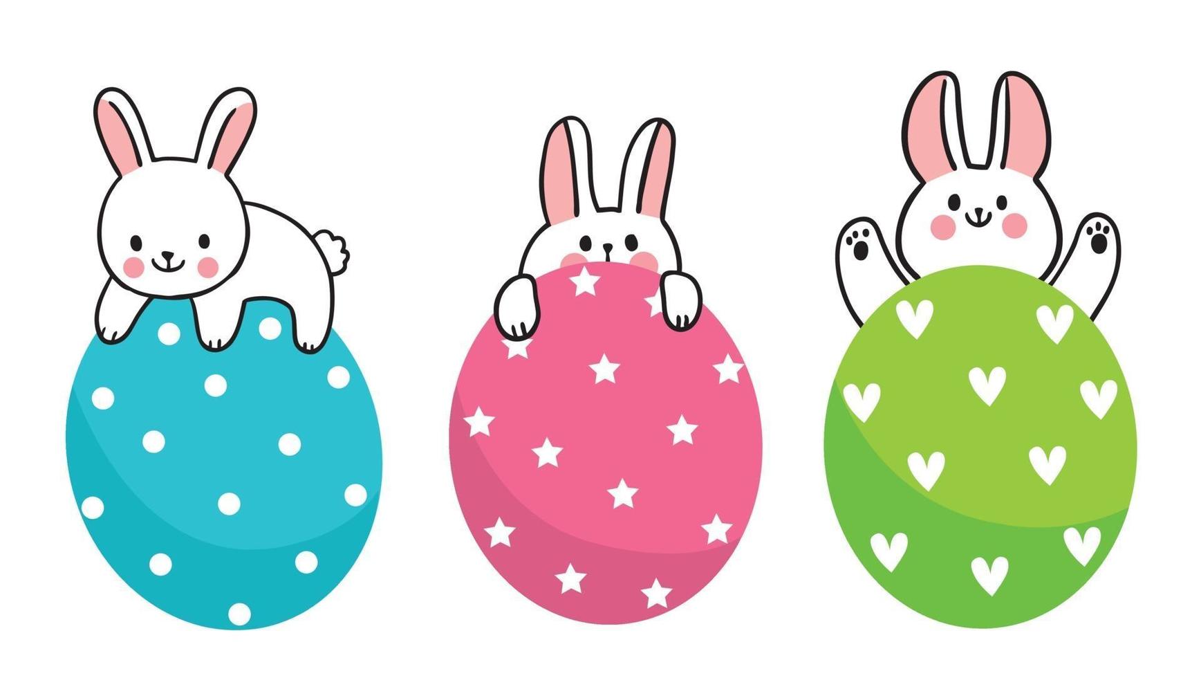 paasdag. drie konijntjes en kleurrijke eieren, hand tekenen cartoon schattige vector. vector
