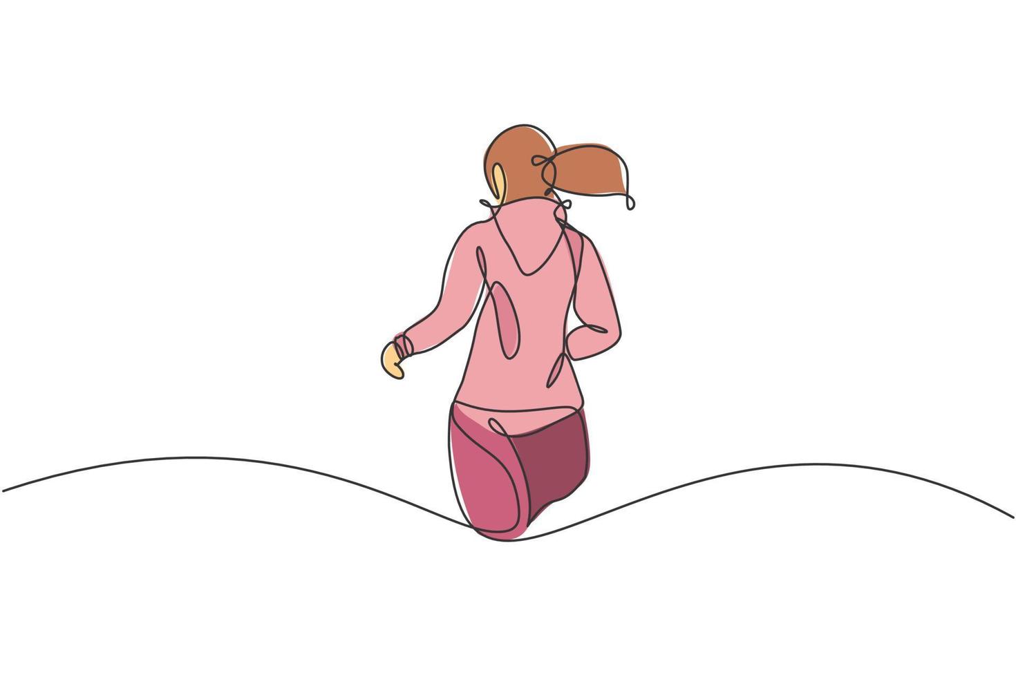 single doorlopend lijn tekening van jong gelukkig Gezondheid loper vrouw rennen Bij rennen spoor. pret sport jogging en gezond levensstijl concept. modieus een lijn trek ontwerp vector grafisch illustratie
