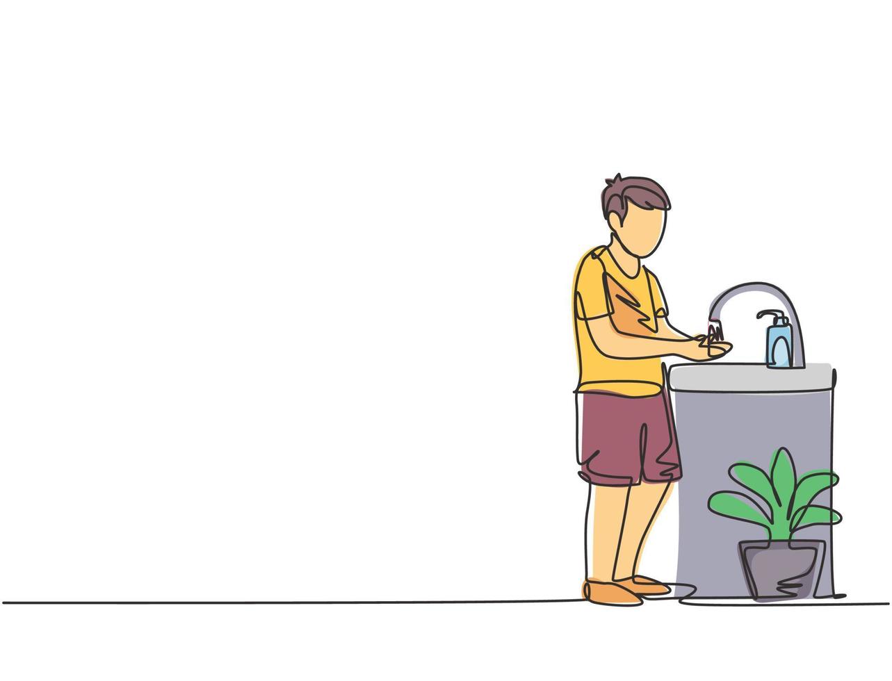 doorlopende lijntekening een jongen wast zijn handen in de gootsteen, er staat een zeepdispenser bij de kraan en er staat een pot met planten onder de gootsteen. enkele lijn tekenen ontwerp vector grafische afbeelding