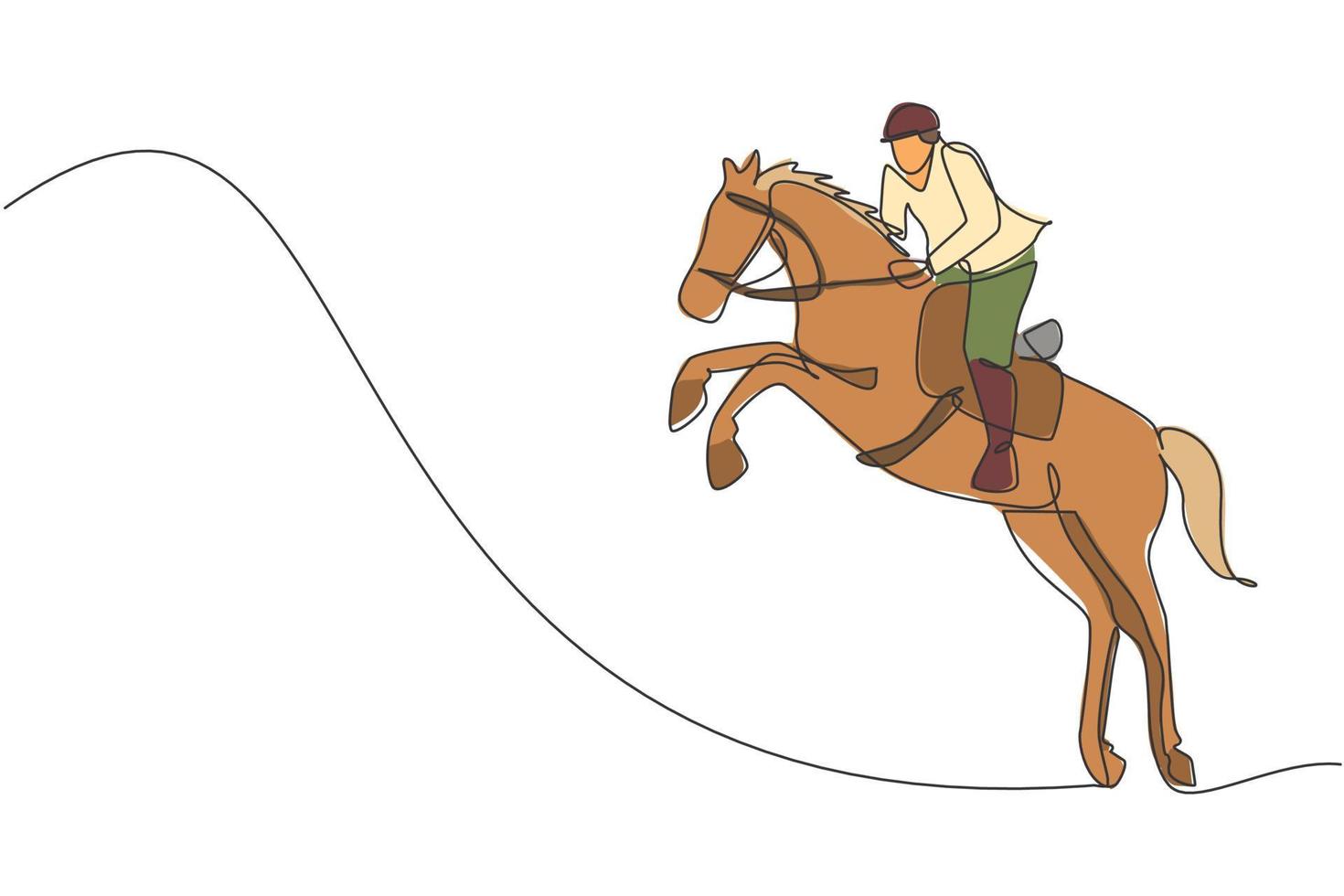 een doorlopende lijntekening jonge ruiter man in actie springen. paarden training op racebaan. paardensport competitie concept. dynamische enkele lijn tekenen ontwerp vector illustratie afbeelding
