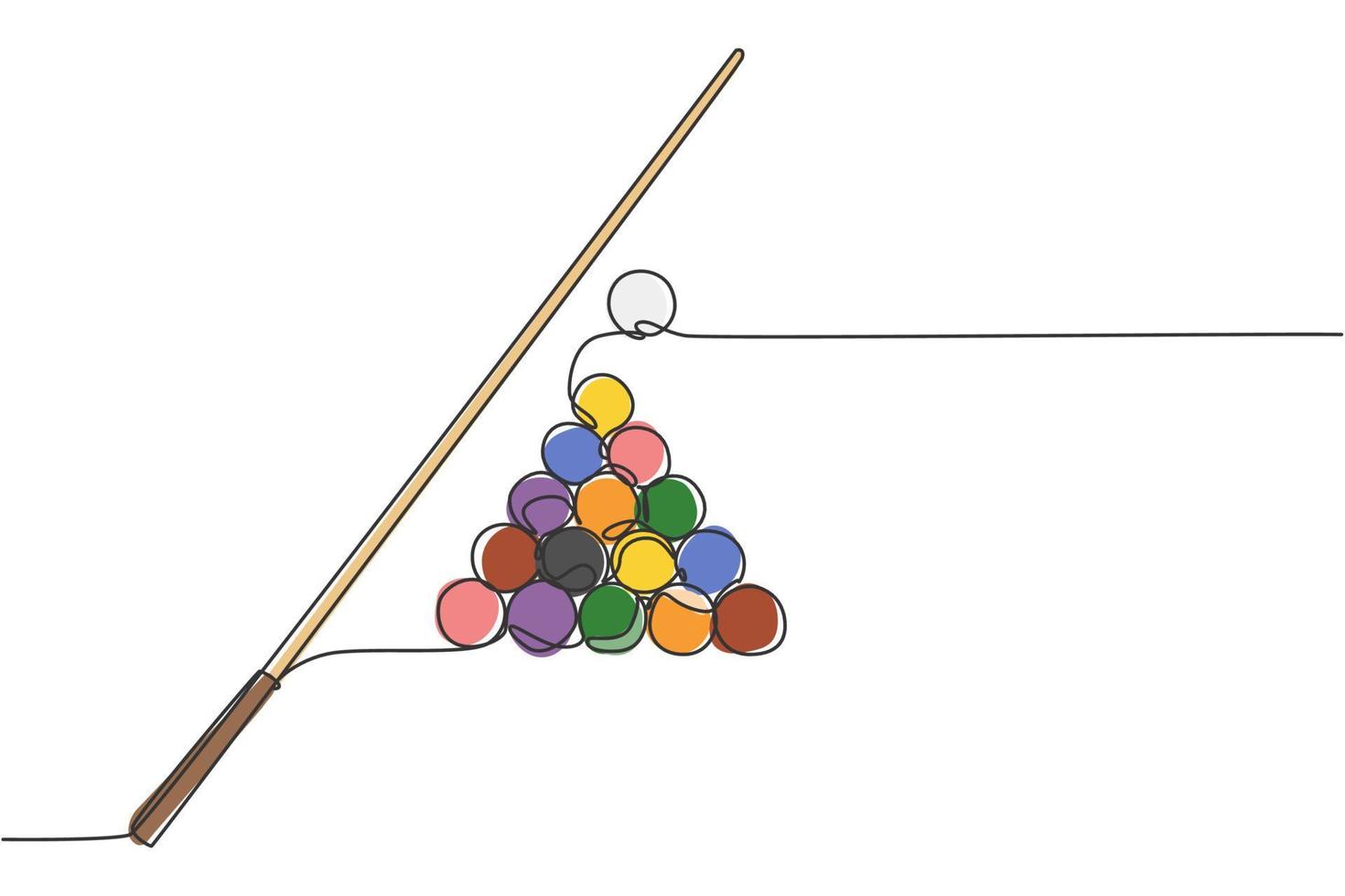 enkele doorlopende lijntekening van driehoekige piramideballenstapel voor poolbiljartspel in biljartkamer. indoor sport spelconcept. trendy één lijn tekenen ontwerp vector illustratie afbeelding