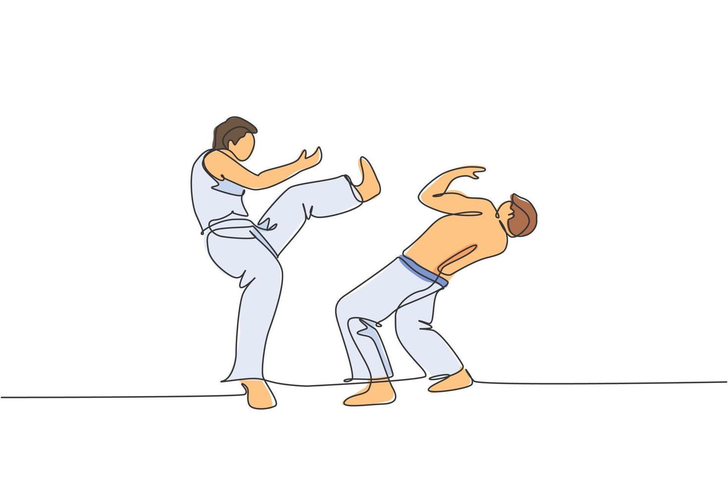 een enkele lijntekening van twee jonge energetische man capoeira dansers voeren dansende strijd vectorillustratie uit. traditionele vechtsport levensstijl sport concept. modern ononderbroken lijntekeningontwerp vector