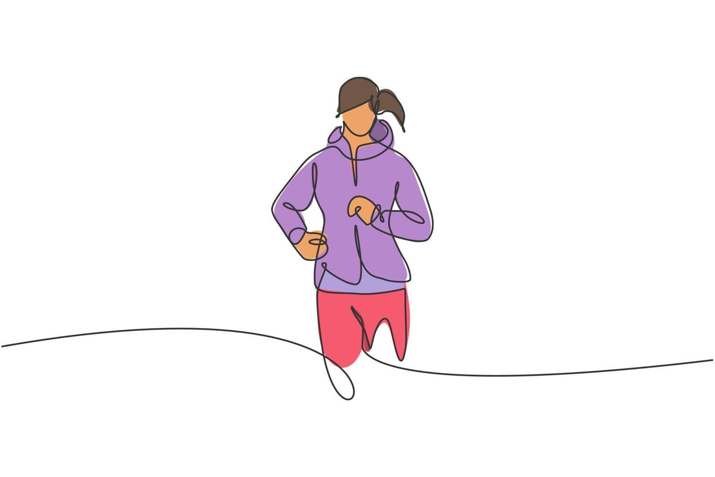 een doorlopend lijn tekening van jong sportief loper vrouw kom tot rust rennen Bij platteland. gezond levensstijl en pret jogging sport concept. dynamisch single lijn trek ontwerp vector illustratie grafisch