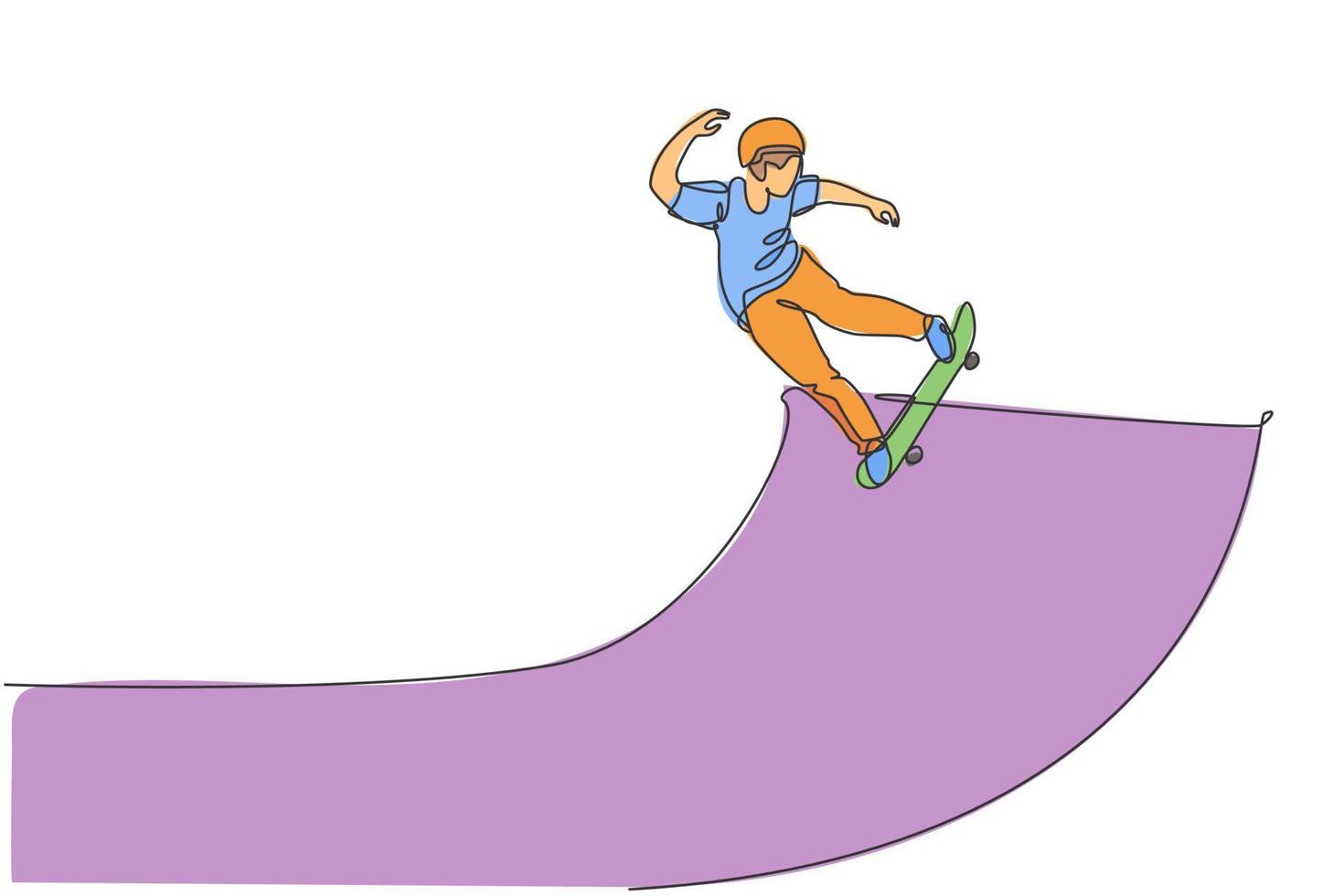 een enkele lijntekening van jonge skateboarder man oefening rijden skateboard in stad straat vectorillustratie. extreme tiener levensstijl en buitensport concept. modern ononderbroken lijntekeningontwerp vector