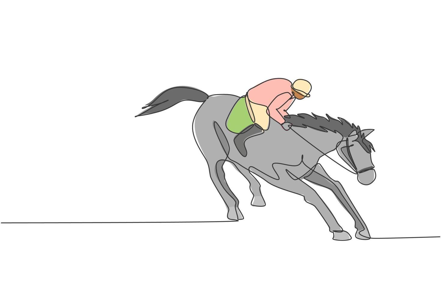 een doorlopende lijntekening van een jonge ruiter in actie. paarden training op racebaan. paardensport competitie concept. dynamische enkele lijn tekenen ontwerp grafische vectorillustratie vector