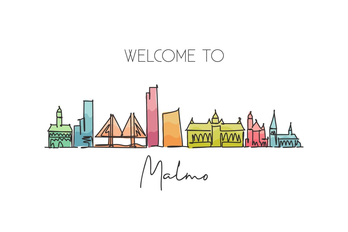 een doorlopende lijntekening van de skyline van Malmö, Zweden. mooie historische ansichtkaart. wereld landschap toerisme en reizen vakantie. bewerkbare stijlvolle lijn enkele lijn tekenen ontwerp vectorillustratie vector