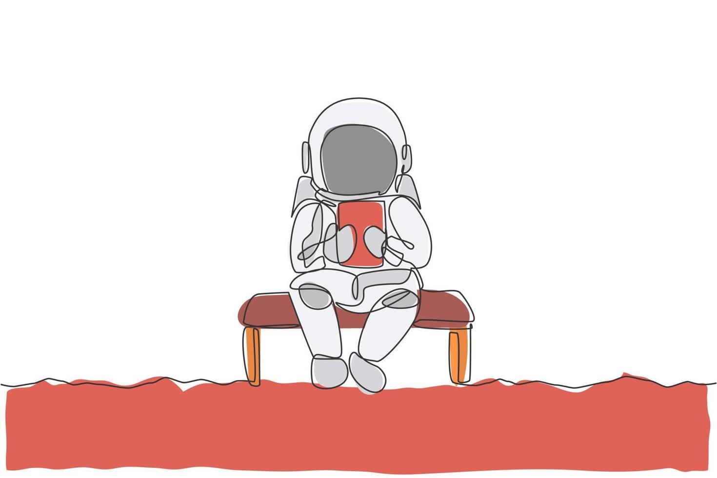 enkele doorlopende lijntekening van astronaut die zich op stoel ontspant tijdens het lezen van nieuws in tablettelefoon. zakelijk kantoor met galaxy outer space concept. trendy één lijn tekenen ontwerp vectorillustratie vector