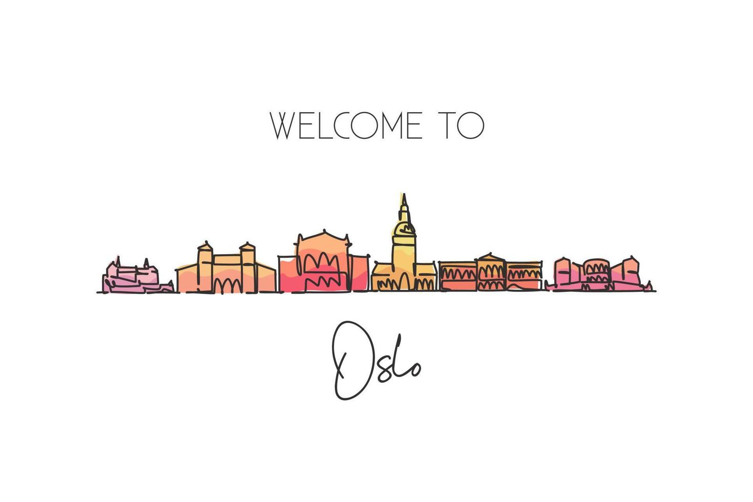 één enkele lijntekening van de skyline van de stad van Oslo, Noorwegen. wereld historische stad landschap briefkaart. beste plaats vakantiebestemming. bewerkbare lijn trendy doorlopende lijn tekenen ontwerp vectorillustratie vector