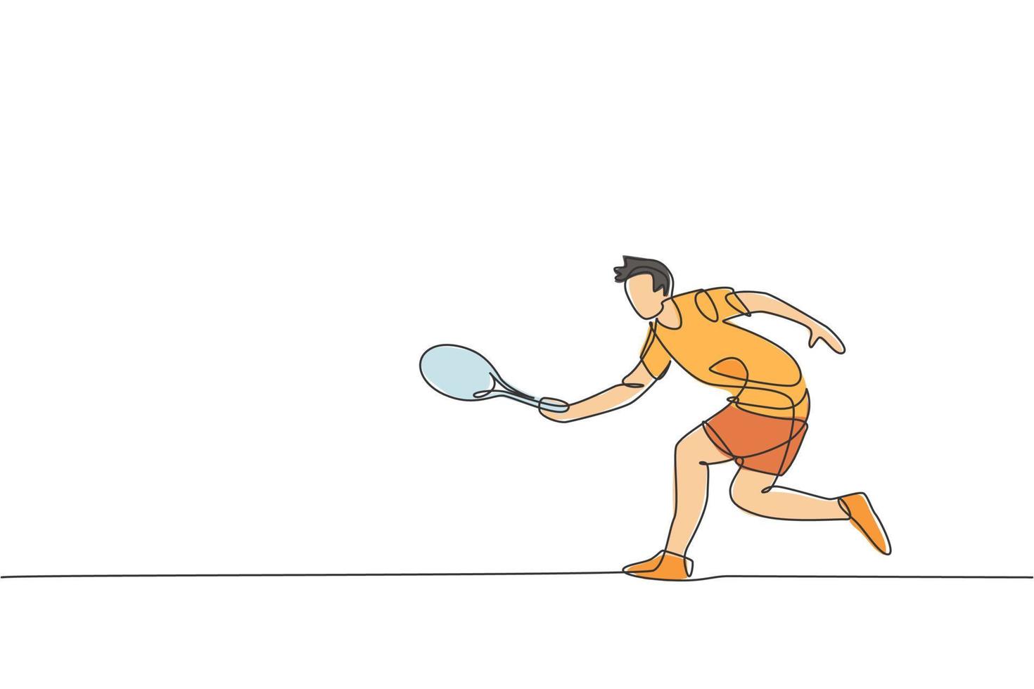 een doorlopende lijntekening van een jonge, gelukkige tennisser houdt de smash-hit van de tegenstander vast. competitief sportconcept. dynamische enkele lijn tekenen ontwerp grafische vectorillustratie voor toernooi promotie poster vector