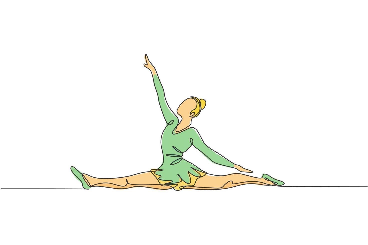 een doorlopend lijn tekening van ritmisch beweging jong schoonheid gymnast meisje. verdieping oefening performer in turnpakje. gezond actief sport dans concept. dynamisch single lijn trek ontwerp vector illustratie