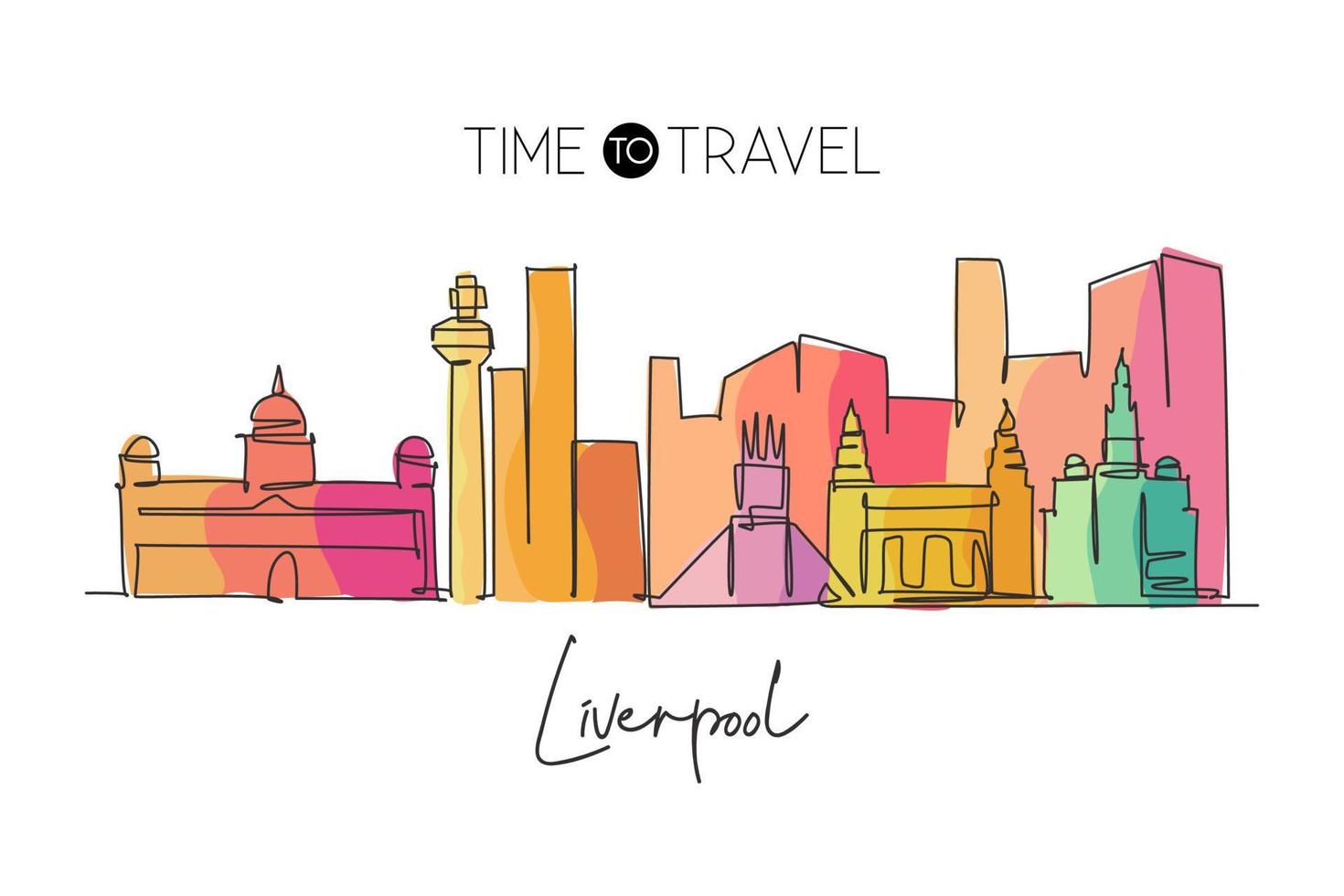 een doorlopende lijntekening skyline van de stad Liverpool. prachtige merseyside-stadswolkenkrabber. wereld landschap toerisme reizen vakantie huis muur decor concept. enkele lijn tekenen ontwerp vectorillustratie vector