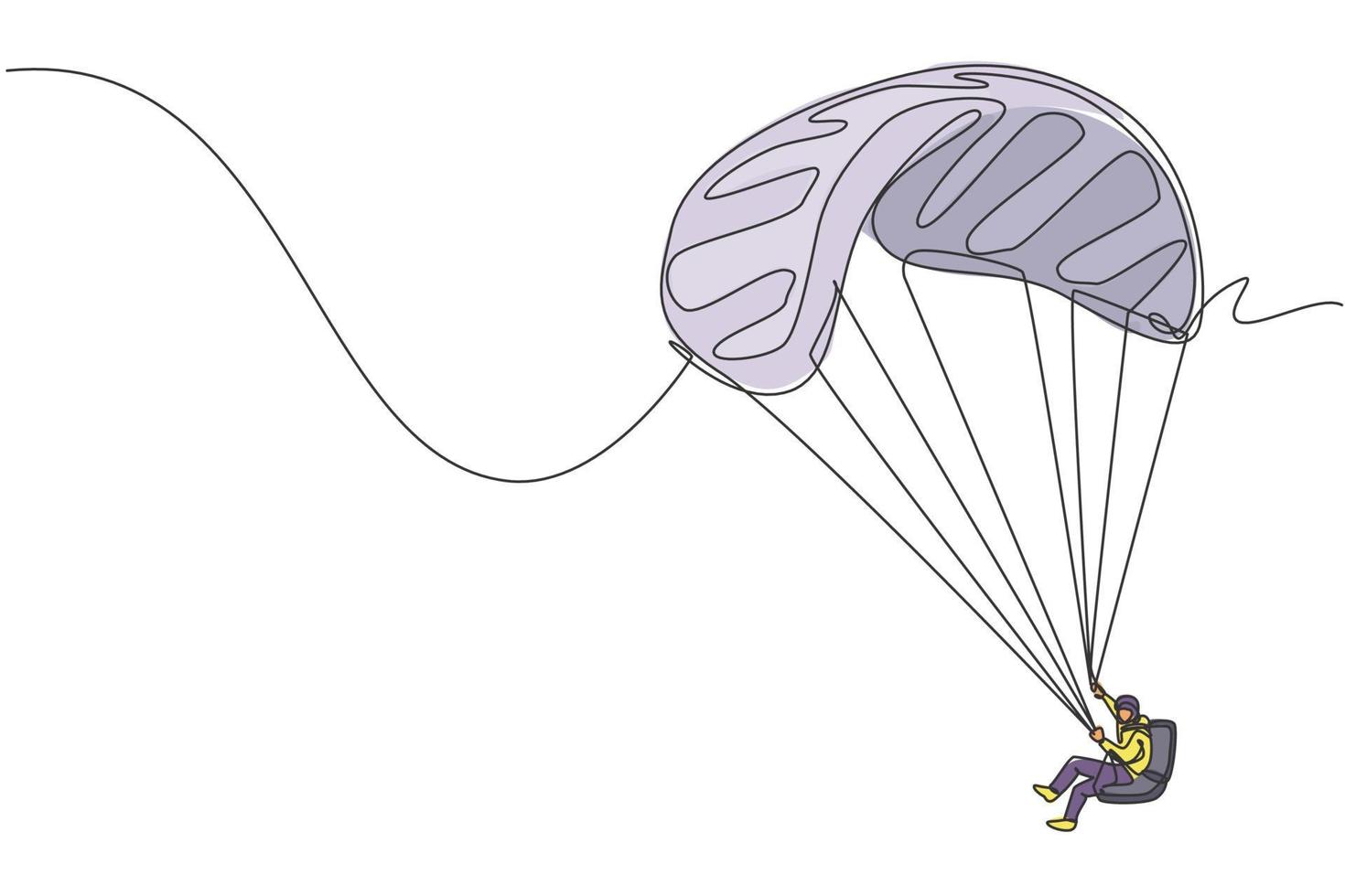 enkele doorlopende lijntekening van een jonge toeristische man die met paragliding parachute aan de hemel vliegt. extreme vakantie vakantie sport concept. trendy één lijn tekenen ontwerp vector grafische afbeelding