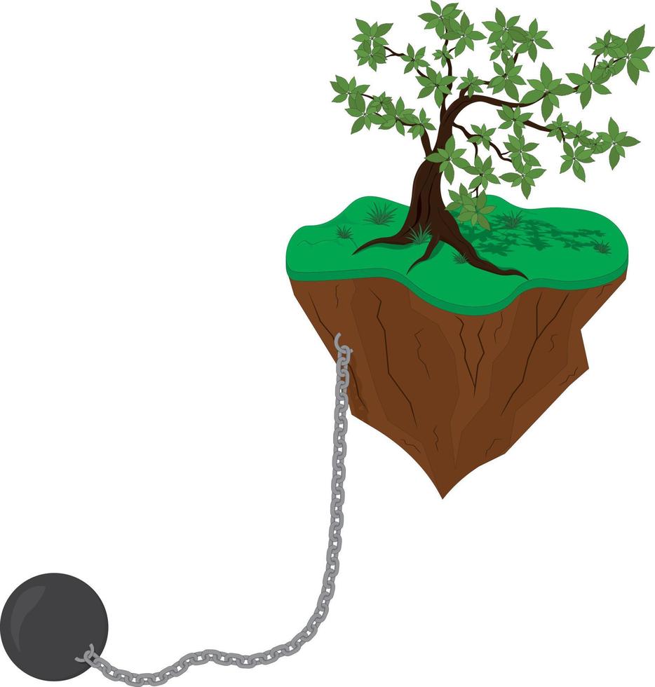 zwevend rots eiland met boom afgemeerd met keten en gewicht vector illustratie