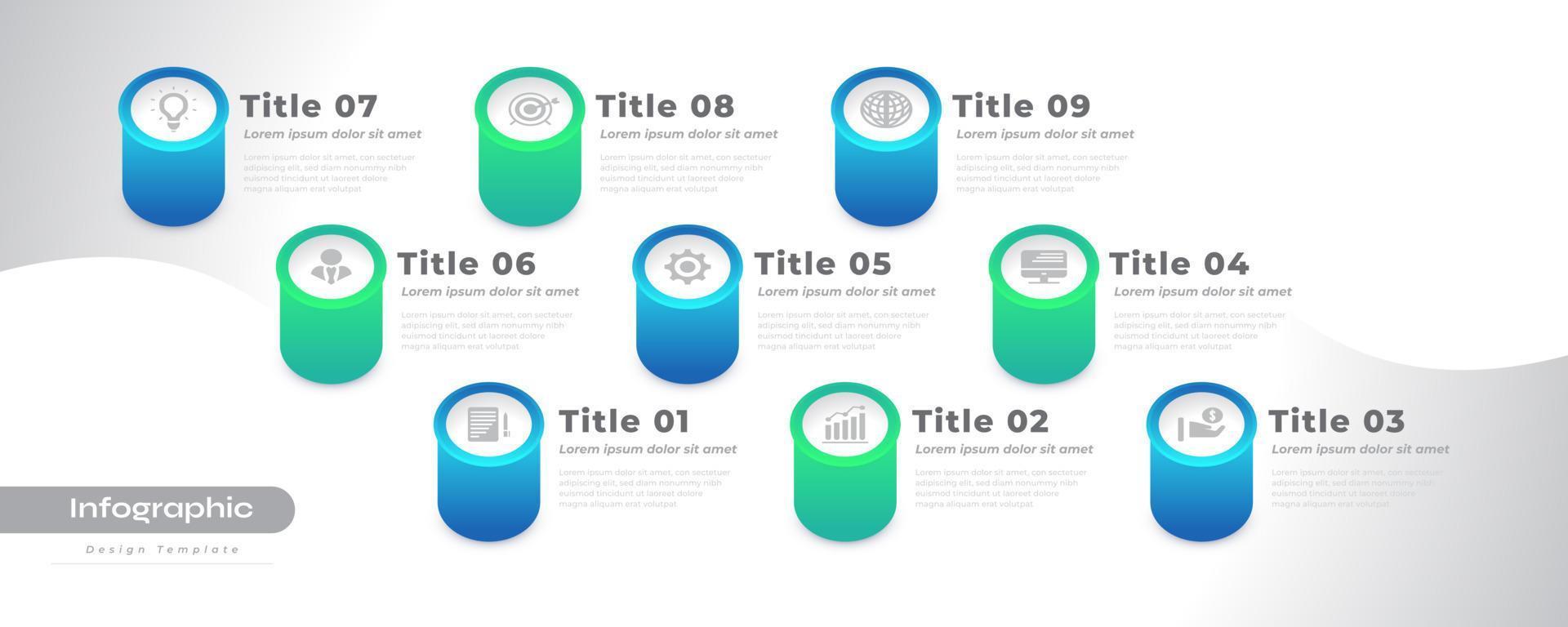 modern infographic ontwerp sjabloon met 9 opties of stappen. kan worden gebruikt voor presentatie, workflow lay-out, diagram, of jaar- rapport. tijdlijn diagram presentatie ontwerp vector